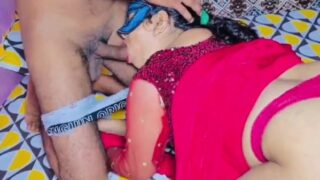 Red saree aunty was fucking her husband in doggy
