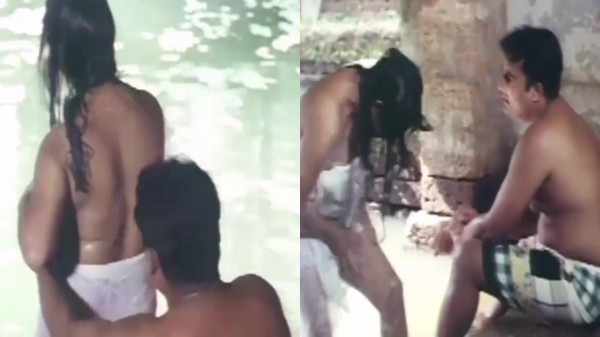 Young nephew massage his aunt hip while she bathing