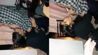 Black dress office aunty enjoys rough blowjob