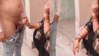 Black dress mother helps her stepson for hot handjob