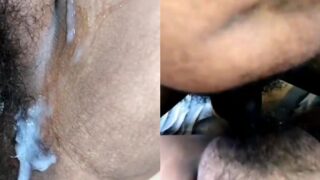 Hairy cock husband pours his all cums into her manhood cock