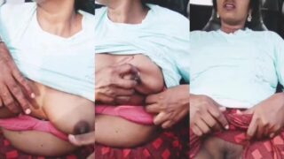 White dress aunty enjoys boobs sucking with her driver
